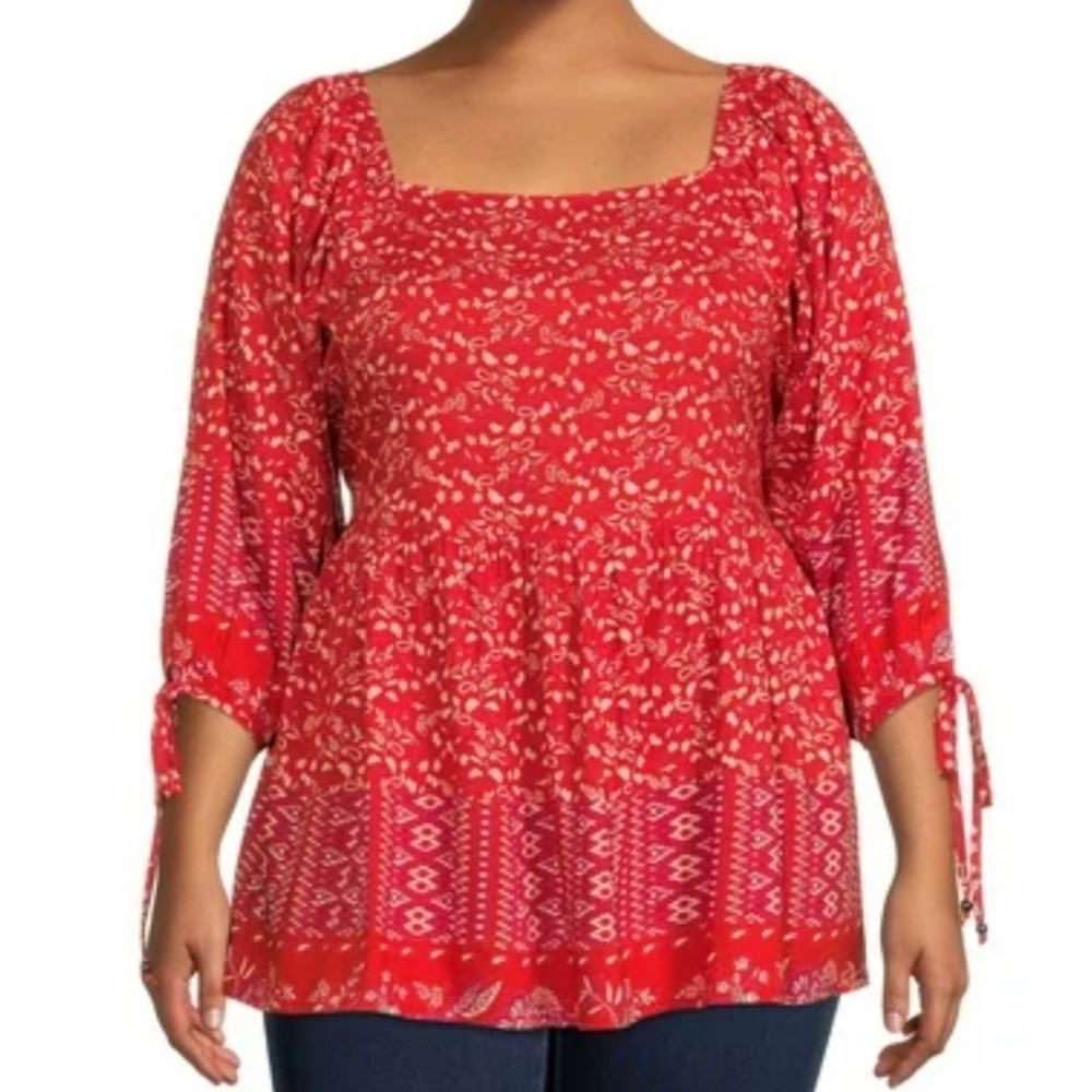 Romantic Gypsy Floral Paisley Square Neck Babydoll Top Blouse Orange Plus 2XL
